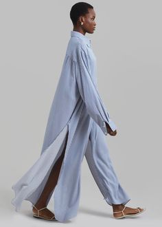 Avery Fluid Shirt Dress - White/Blue Stripe – The Frankie Shop Paris Store, Denim Suit, The Frankie Shop, Frankie Shop, Paris Woman, Long Midi Dress, Leather Texture, White Shirt Dress, Swimwear Accessories