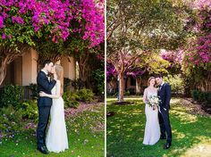 the bride and groom are standing in front of purple bougaia trees on their wedding day