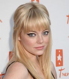 Emma Stone Blonde, Straight Across Bangs, Sophisticated Hairstyles, Hairstyle Gallery, Long Blonde, Blonde Women, Half Up Hair, Long Blonde Hair