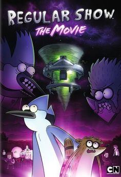 the poster for regular show, the movie with two cartoon characters and an alien ship in the background