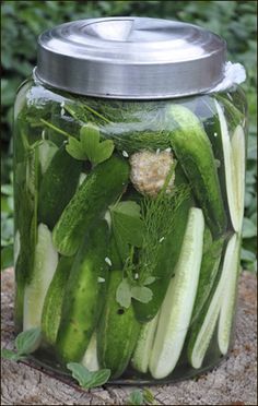 a jar filled with cucumbers sitting on top of a tree stump