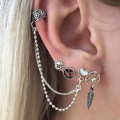 Retro Earring, Ear Cuffs, Cartilage Earrings, Stud Earrings Set, Heart Earrings Studs, Cuff Earrings, Chain Earrings, Ear Jewelry