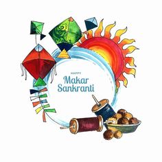 happy makar sanki greeting card with colorful kites and other items in the background