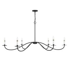 a black chandelier with six lights hanging from it's center point and five arms