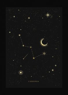 the zodiac sign in the night sky with stars and crescents on it, as well as