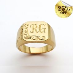 "This is a meaningful personalized monogram ring for men. It is luxurious, bold - and full of presence. This engraved initial ring can pass from one generation to the next, and create a beautiful and exciting family tradition. Get this impressive personalized signet ring to wear proudly and enjoy every day for many years! ✿ Item details ✿ ✿ Materials: - 14k//18k Yellow//Rose//White Gold (per your choice) ✿ Measurements: - Front width: 11 mm (0.43\")  - Back width: - 3.6 mm (0.14\") - Ring's thic Anniversary Initial Ring With Rectangular Shape, Classic Rectangular Signet Ring With Initials, Personalized Rectangular Engraved Ring For Formal Occasions, Timeless Monogram Rings As Gift, Luxury Monogrammed White Gold Signet Ring, Timeless Monogram Rings For Anniversary, Luxury Monogram Engraved Ring, Luxury Engraved Monogram Ring, Luxury Initial Ring With Engraving Option