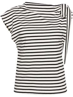 white/black cotton horizontal stripe pattern bow detailing asymmetric neck single short sleeve straight hem Chic White Horizontal Stripe Top, Chic White Tops With Horizontal Stripes, Chic White Top With Horizontal Stripes, Chic Cotton Tops With Contrast Stripes, Chic White Tops With Contrast Stripes, Chic Short Sleeve Tops With Contrast Stripes, Chic Summer Tops With Contrast Stripes, White Elegant Top With Contrast Stripes, Elegant White Top With Contrast Stripes