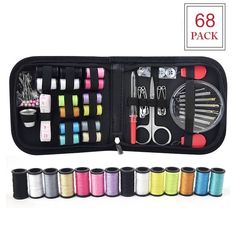 the case is filled with sewing supplies and thread spools, scissors, needles, markers