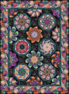 a colorful quilt with many different designs on the front and back, all in black