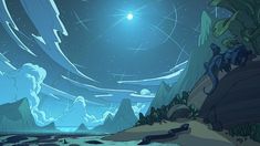 an animated scene with mountains and stars in the sky