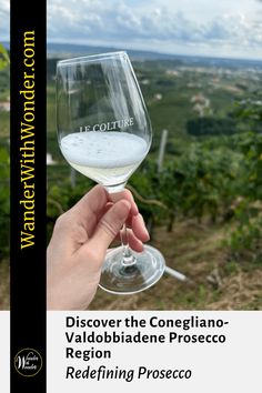 a person holding up a wine glass in front of some trees and bushes with the words, discovering the conegliano - valdobiene proscco region redefing process