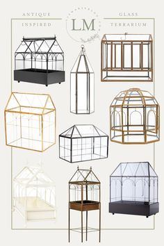 various types of greenhouses with the names on them and pictures above it in gold, black