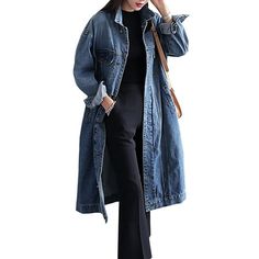 WSPLYSPJY Women Long Denim Jacket Plus Size Oversize Jean Jacket Trench Coat The long jean coat is of classic style that suitable for various occasions. Good quality soft denim fabric make you warm. Fashion style extenuate the waistline. Women's denim coat make you cool and fashion. The most important is that the jeans coat for women could help you to show thin effect more apparent. Size: M.  Color: Blue.  Gender: female.  Age Group: adult. Oversize Jean Jacket, Denim Jacket Plus Size, Long Jean Jacket, Long Denim Coat, Long Outerwear, Long Denim Jacket, Demin Jacket, Denim Trench Coat, Oversized Jean Jacket