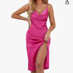 New With Tags (Amazon) Hot Pink Satin Silk Cowl Neck Slit Dress With Adjustable Straps Smoke Free Home Dr Dresses, Party Midi Dress, Pink Satin Dress, Pink Silk Dress, Pink Things, Fame Dr, Midi Dress Party, Orange Dress, Pink Satin