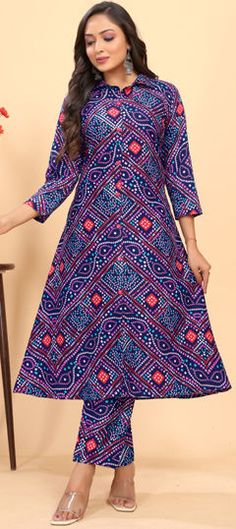 Blue color Salwar Kameez in Rayon fabric with Bandhej, Printed work Blue Straight Kurta Set With Kalamkari Print, Blue Printed Motifs Sets For Navratri, Blue Sets With Printed Motifs For Navratri, Blue Printed Sets For Navratri, Blue Block Print Straight Kurta Salwar Kameez, Blue Semi-stitched Kalamkari Print Sets, Blue Unstitched Salwar Kameez With Kalamkari Print, Unstitched Blue Salwar Kameez With Kalamkari Print, Blue Bollywood Salwar Kameez With Kalamkari Print