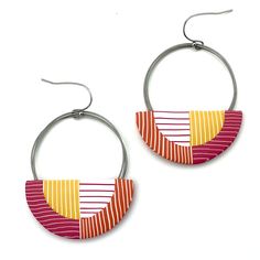 Steel & Polymer Earrings - Using the marquetry technique to formpolymer clay veneers, the artists create bold half circleswith crisp graphic appeal. <br><br>1.5l, 1.5w. Nylon-coated stainless steelcables with surgical steel ear wires. Modern Adjustable Multicolor Earrings, Bonnie Bishoff, Polymer Earrings, Polymer Crafts, Artful Home, Loop Earrings, Marquetry, Clay Jewelry, Ear Wires