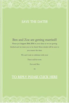 a green save the date card with an ornate border and white writing on it,