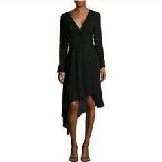 H Halston Lightweight Crepe Black Long Sleeve Wrap Dress Brand New With Tags Size Small Hi Lo Hem Split Wrist Sleeve Detail Double Georgette Fabrication V Neckline Midi Length Skirt Is Double Lined - Only See Through On Very Bottom Gorgeous Flattering Classic Style #Career Office Work Business Formal Spring Fall Winter Summer Flowy Tuxedo Blazer Shirt Top Party Wedding Guest Cocktail Education Inv# I-Ea R47! Long Sleeve High Low Dress, Elegant Wrap Dress, Asymmetrical Black Dress, Halston Dress, Wrap Dress Styles, Halston Heritage Dress, Black Chiffon Dress, High Low Maxi Dress, Long Sleeve Wrap Dress