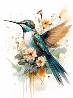 a hummingbird sitting on top of flowers with watercolor paint splatters around it