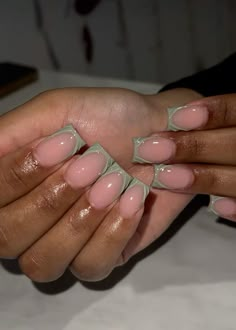 Sage Green And Ivory Nails, French Tip Acrylic Nails Sage Green, French Sage Green Nails, Mint Green Aesthetic Nails, Short French Tip Acrylic Nails Green, Sage Green And White French Tip Nails, Sage Green Nail Ideas Square, Light Green Nail Inspo Acrylic, Light Green French Tip Nails Square