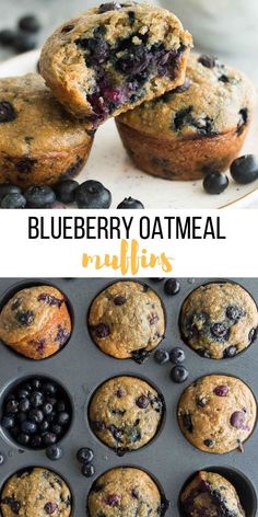 blueberry oatmeal muffins in a muffin tin with the title above it