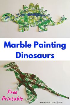 two paper dinosaurs with the words marble painting dinosaurs