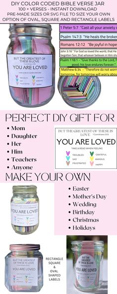 the instructions for how to make your own birthday gift in a jar with free printable tags