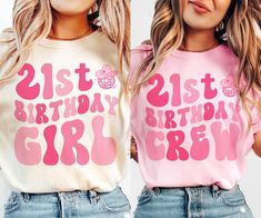 "Get ready to be OBSESSED with your new \"21st Birthday Girl\" and \"21st Birthday Crew\" Comfort Colors graphic tees. They are the cutest and most trendy way to emit all those important 21st birthday party vibes! DETAILS * Comfort Colors Garment-Dyed Heavyweight T-Shirt * 100% ring spun cotton * Design is printed using DTG technology which uses high-quality water-based inks that are printed directly into the fabric. This means that there may be a slightly faded/vintage look to the design depend Nashville 21st Birthday, Birthday Crew Shirts, Birthday Group Shirts, 21st Birthday Girl, 21st Birthday Shirts, 21 Birthday, Bday Girl, Birthday Girl Shirt, Birthday Outfits