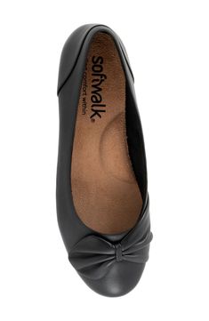 A pretty, pleated bow is seamlessly integrated into the pebbled-leather upper of a polished ballet flat set on a textured rubber sole. Removable, cushioned insole with arch support Leather upper/textile lining/rubber sole Imported Workwear Ballet Flats With Arch Support And Round Toe, Black Ballet Flats With Cushioned Footbed For Work, Cushioned Synthetic Ballet Flats For Work, Leather Ballet Flats With Arch Support For Work, Workwear Ballet Flats With Cushioned Footbed, Workwear Ballet Flats With Ortholite Insole, Synthetic Ballet Flats For Work With Round Toe, Cushioned Workwear Ballet Flats In Synthetic, Ballet Flats With Arch Support For Work