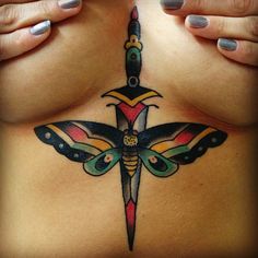 Civ - New York City Underbreast Tattoo Traditional, American Traditional Spine Tattoo, Underboob Tattoo Traditional, Traditional Chest Tattoo Female, Traditional Chest Tattoo, Hand Hart, Old School Love, Sternum Tattoos, Tattoos Photo