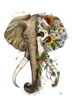 an elephant with flowers on it's trunk