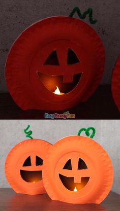 two pumpkins made out of paper plates with faces carved into them, one is lit up