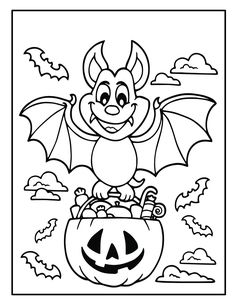 a bat sitting on top of a pumpkin with its wings open and eyes wide open