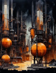 an oil painting of industrial pipes and tanks