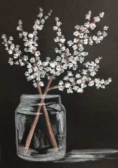 a painting of flowers in a glass jar on a black background with watercolor pencils