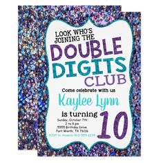 the purple and blue glitter birthday party is set on top of a white card that says, look who's doing the double digits club