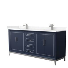 a double sink vanity with two faucets on the top and one drawer below