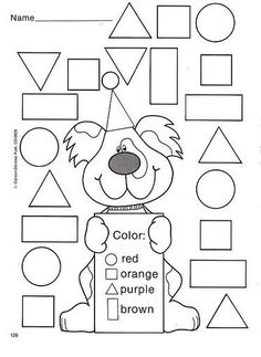 a bear is holding a sign that says color red orange purple brown and has shapes on it