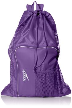 a purple gym bag sitting on top of a white floor