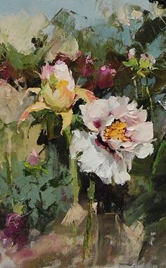 an oil painting of white and pink flowers