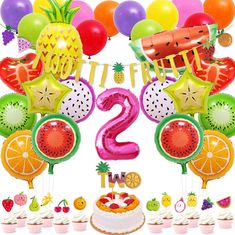 the number two is surrounded by balloons and fruit