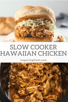 slow cooker hawaiian chicken in a crock pot with text overlay that reads slow cooker hawaiian chicken