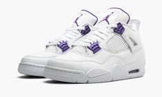 The Air Jordan 4 "Metallic Pack - Purple" one of four special edition colorways of the iconic model released for summer 2020.  Inspired by the original “Metallic” colorways of the Air Jordan 1, the white and metallic-colored scheme is translated to four editions of the Air Jordan 4, including red, orange, green, and purple.  Each colorway was released in specific regions of the world, with the US receiving this purple version.  The construction features a full-grain leather upper with a metallic Jordan 4 Violet, Jordan 4 Retro Metallic Purple, Jordan 4 Purple, Jordan 4 Metallic Purple, Jordan 4 Metallic, Jordan 4 Retro Metallic, Sepatu Air Jordan, 70s Converse, Jordan 4’s