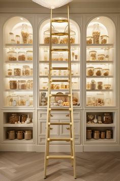 a gold ladder stands in front of shelves filled with food