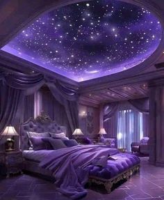 the ceiling is covered in stars and purple curtains, while the bed has pillows on it