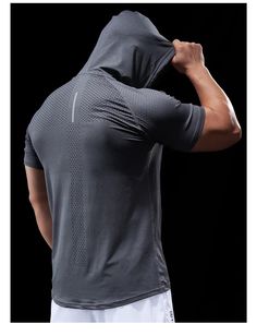 Compression Slim Fit Hooded Bodybuilding T Shirt Fitted Gray T-shirt For Running, Gray Athleisure T-shirt For Running, Black Hooded T-shirt For Sports, Gray Long Sleeve Breathable T-shirt, Techwear Sports Hooded Top, Stretch Techwear Activewear For Running, Black Breathable Hoodie For Workout, Fitted Gray Moisture-wicking T-shirt, Stretch Sportswear Tops For Streetwear