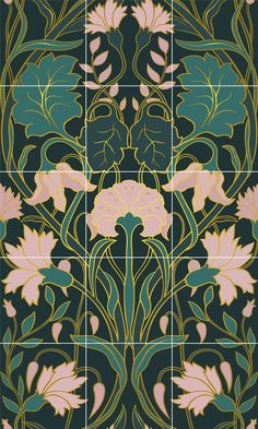 an art deco tile design with flowers and leaves in green, pink and yellow colors