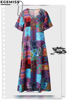 Vintage Ethnic Print V-neck Maxi Dress Ethnic Print, Sleeve Dresses, Unique Designers, Shop Dresses, Dresses Casual, Dresses Online, Sundress, Casual Dresses, Short Sleeve Dresses