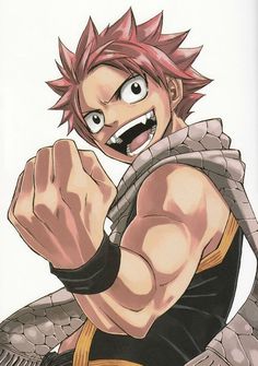 an anime character with red hair and big eyes, holding his fist up in the air