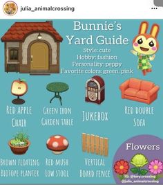 an info sheet with some different types of furniture and flowers on the front cover, including a bunny's yard guide